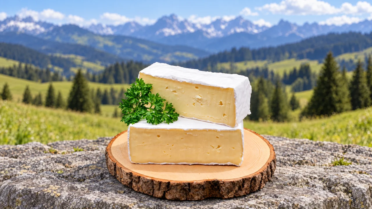 Allgäuer Brie auf einem Holzbrett vor einer alpinen Bergkulisse